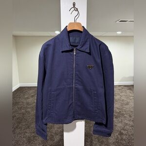 Prada Navy Worker Canvas Logo Zip Up Bomber Jacket